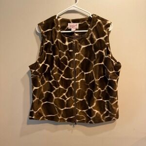 Ronnie Salloway Brown Giraffe Print Faux Fur Zip Up Vest Womens XL Animal Print